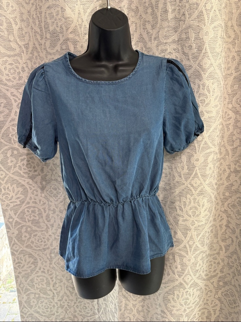 Alex & Parker Small Denim Blue Puff-Sleeve Peplum Top - NWT